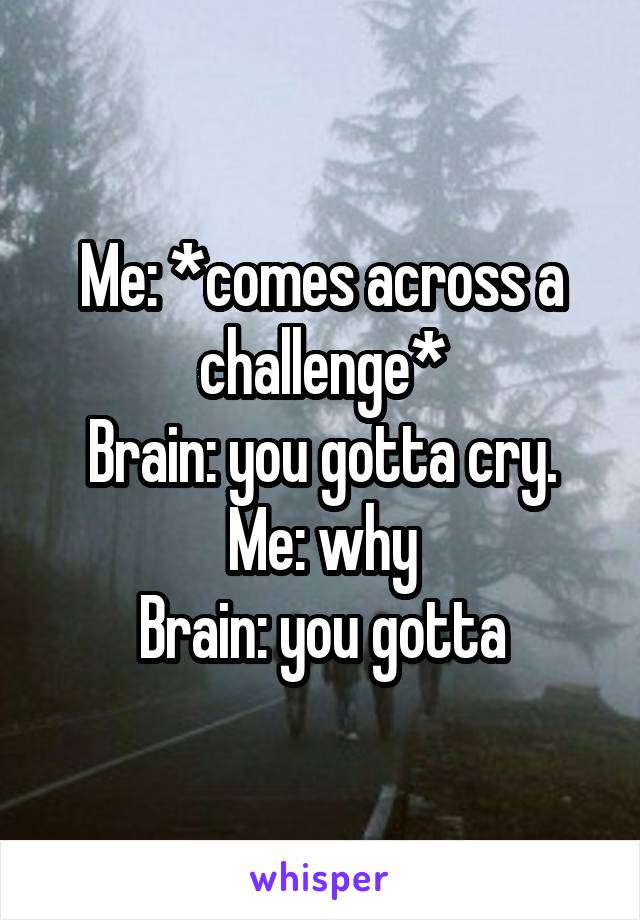 Me: *comes across a challenge*
Brain: you gotta cry.
Me: why
Brain: you gotta