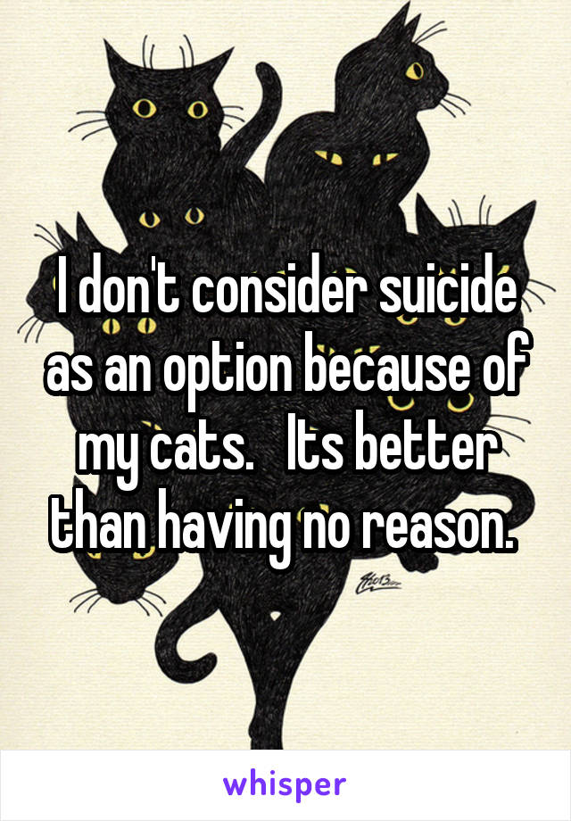 I don't consider suicide as an option because of my cats.   Its better than having no reason. 