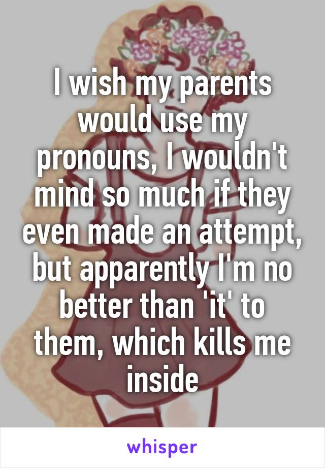 I wish my parents would use my pronouns, I wouldn't mind so much if they even made an attempt, but apparently I'm no better than 'it' to them, which kills me inside