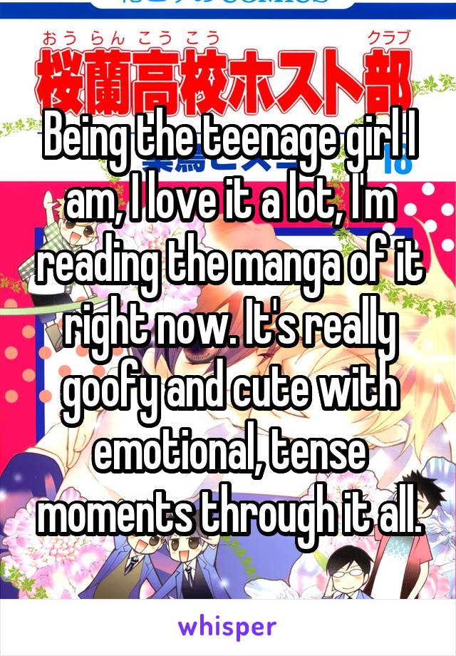 Being the teenage girl I am, I love it a lot, I'm reading the manga of it right now. It's really goofy and cute with emotional, tense moments through it all.