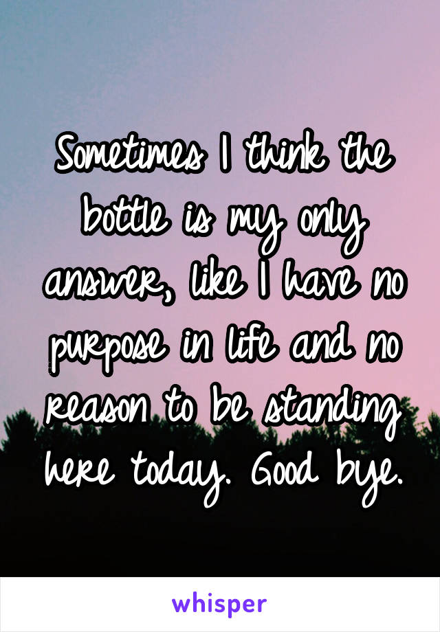 Sometimes I think the bottle is my only answer, like I have no purpose in life and no reason to be standing here today. Good bye.