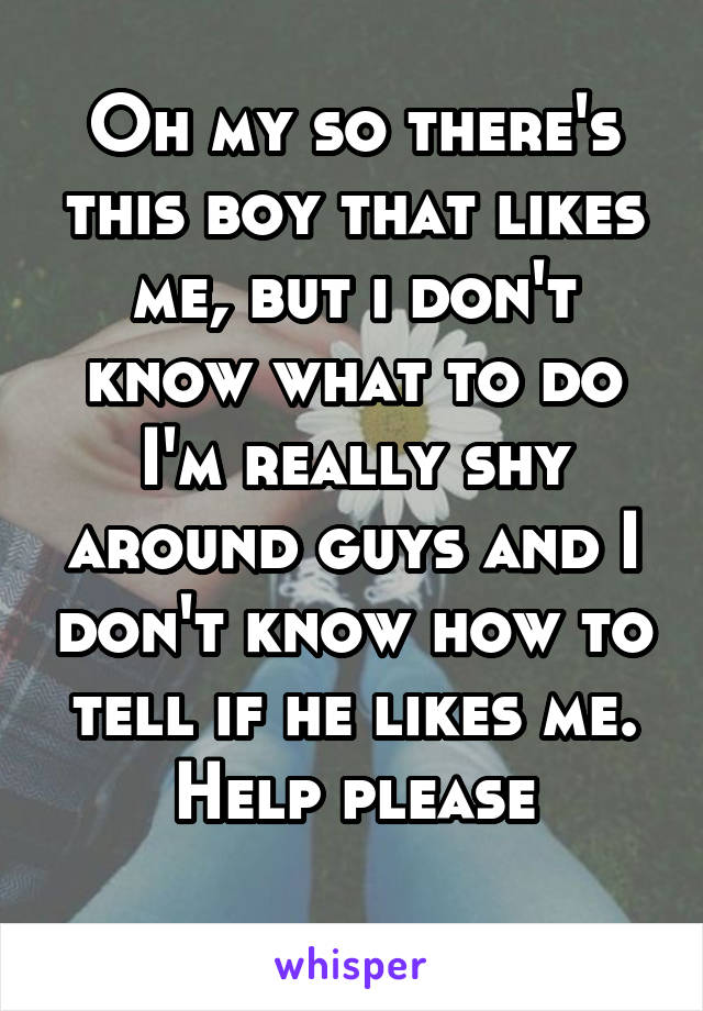 Oh my so there's this boy that likes me, but i don't know what to do I'm really shy around guys and I don't know how to tell if he likes me. Help please
