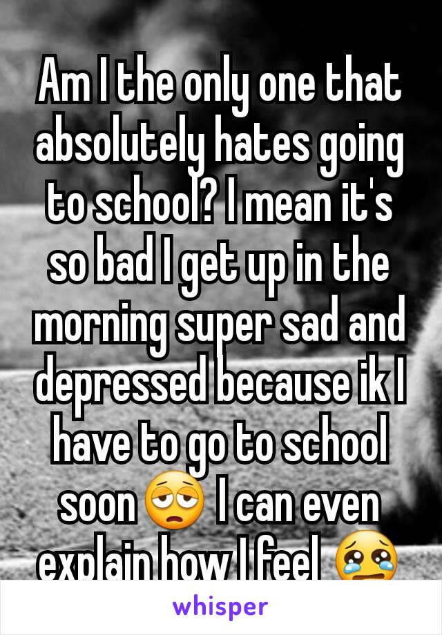 Am I the only one that absolutely hates going to school? I mean it's so bad I get up in the morning super sad and depressed because ik I have to go to school soon😩 I can even explain how I feel 😢