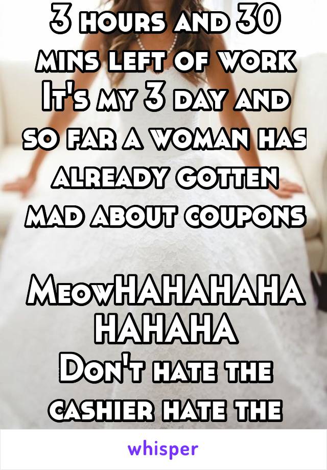 3 hours and 30 mins left of work
It's my 3 day and so far a woman has already gotten mad about coupons 
MeowHAHAHAHAHAHAHA
Don't hate the cashier hate the coupon