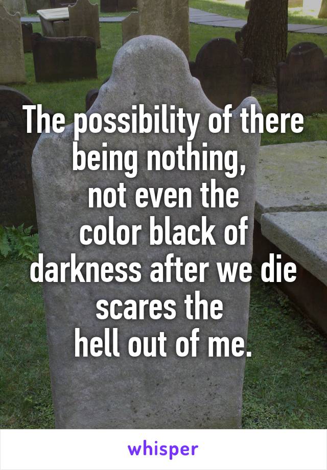 The possibility of there being nothing, 
not even the
color black of darkness after we die scares the 
hell out of me.