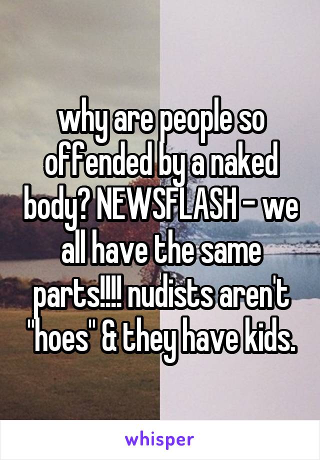 why are people so offended by a naked body? NEWSFLASH - we all have the same parts!!!! nudists aren't "hoes" & they have kids.