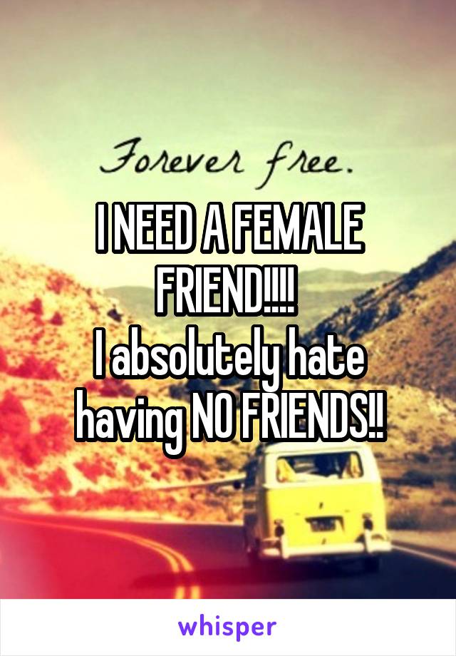 I NEED A FEMALE FRIEND!!!! 
I absolutely hate having NO FRIENDS!!