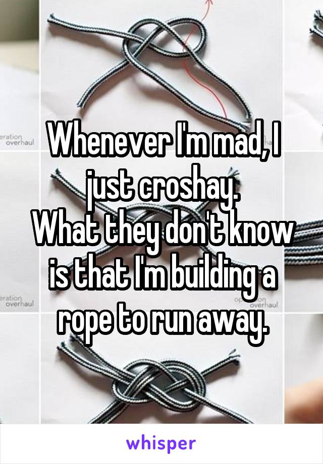 Whenever I'm mad, I just croshay.
What they don't know is that I'm building a rope to run away.