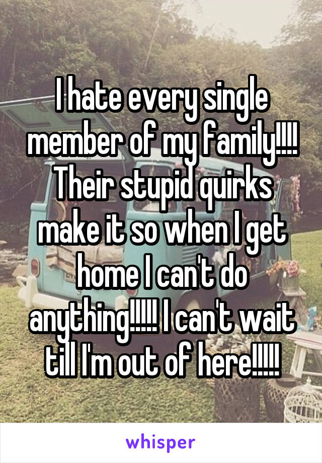 I hate every single member of my family!!!! Their stupid quirks make it so when I get home I can't do anything!!!!! I can't wait till I'm out of here!!!!!