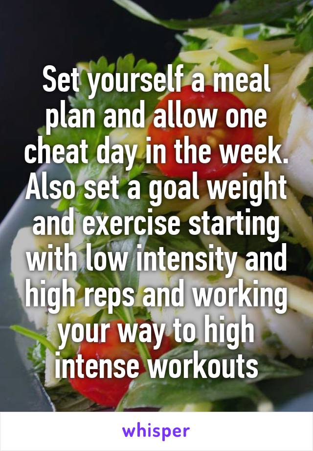 Set yourself a meal plan and allow one cheat day in the week. Also set a goal weight and exercise starting with low intensity and high reps and working your way to high intense workouts