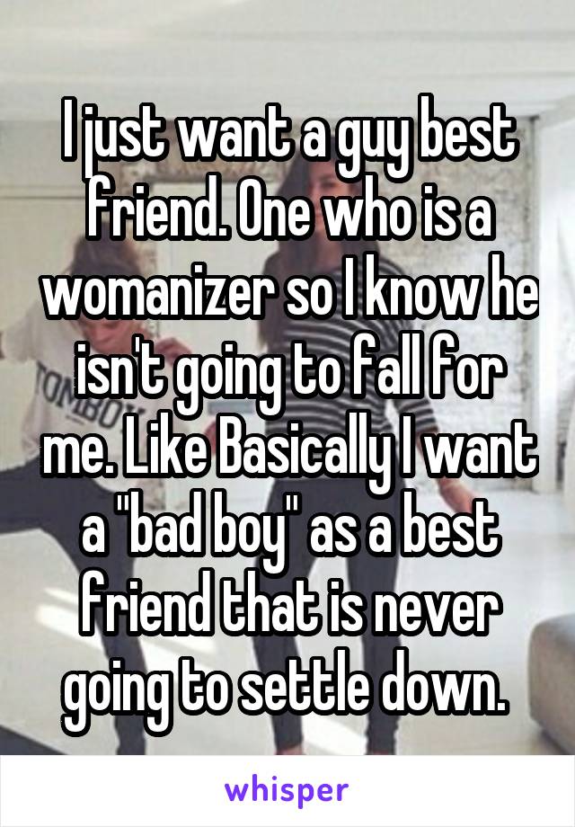 I just want a guy best friend. One who is a womanizer so I know he isn't going to fall for me. Like Basically I want a "bad boy" as a best friend that is never going to settle down. 