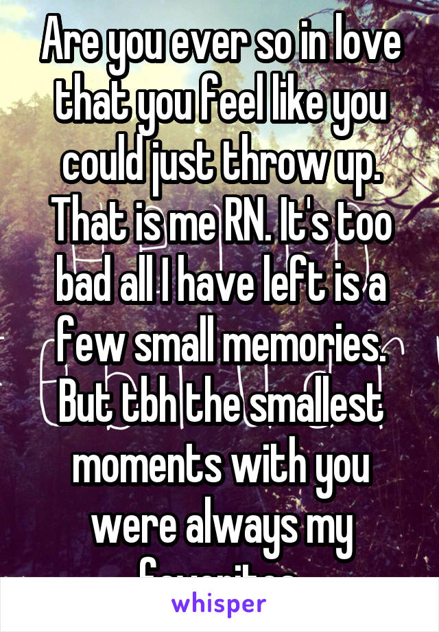 Are you ever so in love that you feel like you could just throw up. That is me RN. It's too bad all I have left is a few small memories. But tbh the smallest moments with you were always my favorites.