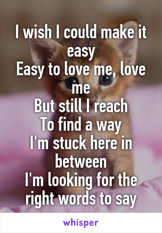 I wish I could make it easy
Easy to love me, love me
But still I reach
To find a way
I'm stuck here in between
I'm looking for the right words to say