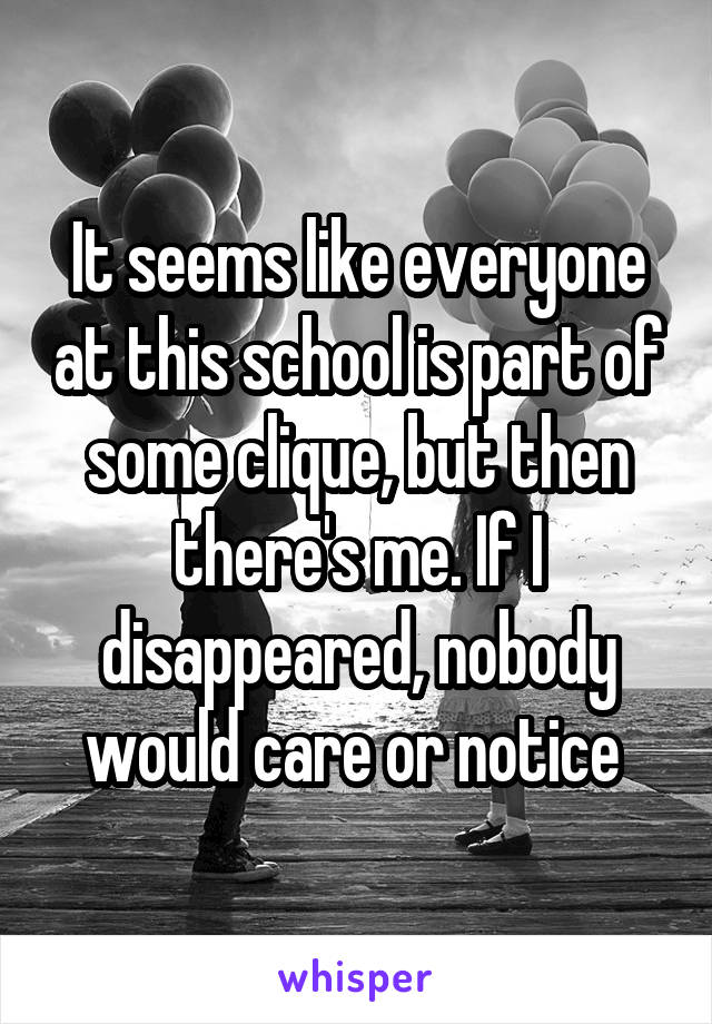 It seems like everyone at this school is part of some clique, but then there's me. If I disappeared, nobody would care or notice 