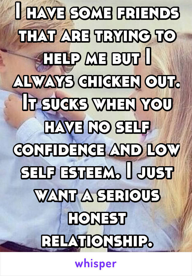 I have some friends that are trying to help me but I always chicken out. It sucks when you have no self confidence and low self esteem. I just want a serious honest relationship. That's all.