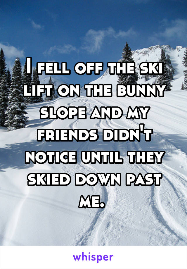 I fell off the ski lift on the bunny slope and my friends didn't notice until they skied down past me. 