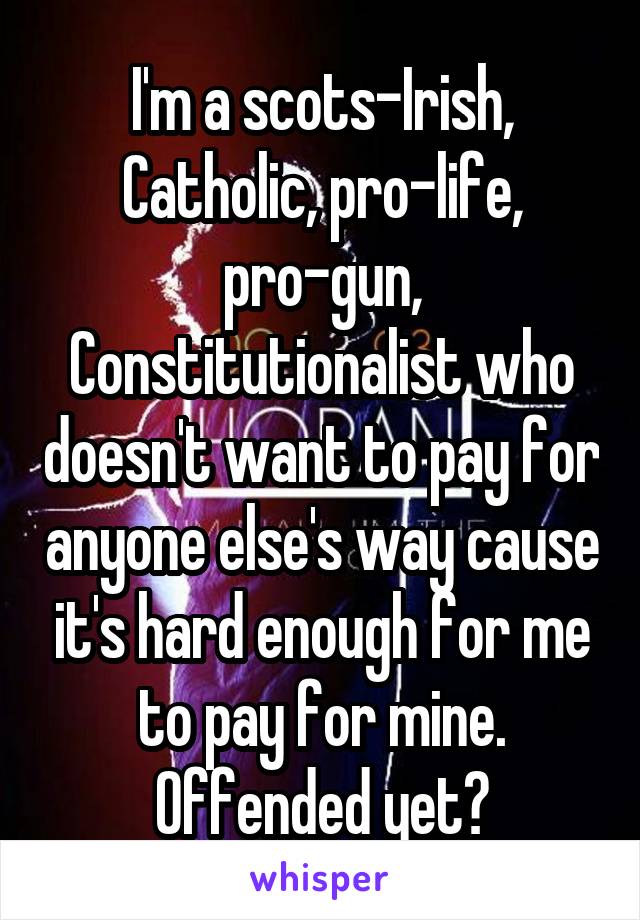 I'm a scots-Irish, Catholic, pro-life, pro-gun, Constitutionalist who doesn't want to pay for anyone else's way cause it's hard enough for me to pay for mine.
Offended yet?