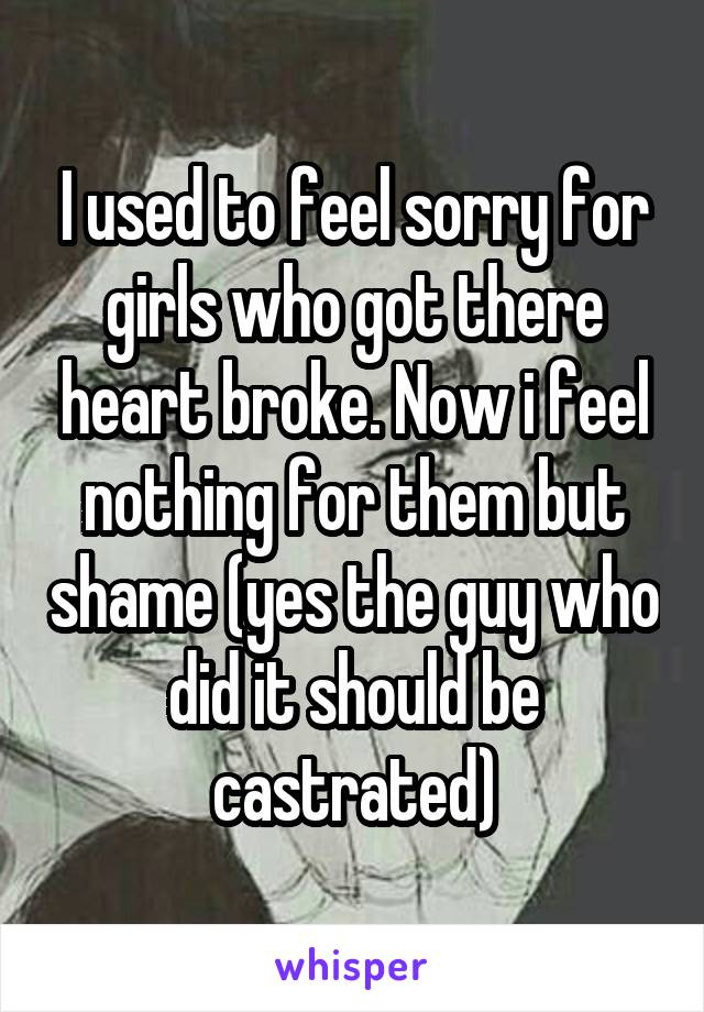 I used to feel sorry for girls who got there heart broke. Now i feel nothing for them but shame (yes the guy who did it should be castrated)