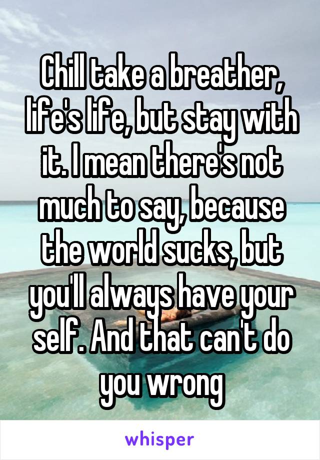 Chill take a breather, life's life, but stay with it. I mean there's not much to say, because the world sucks, but you'll always have your self. And that can't do you wrong