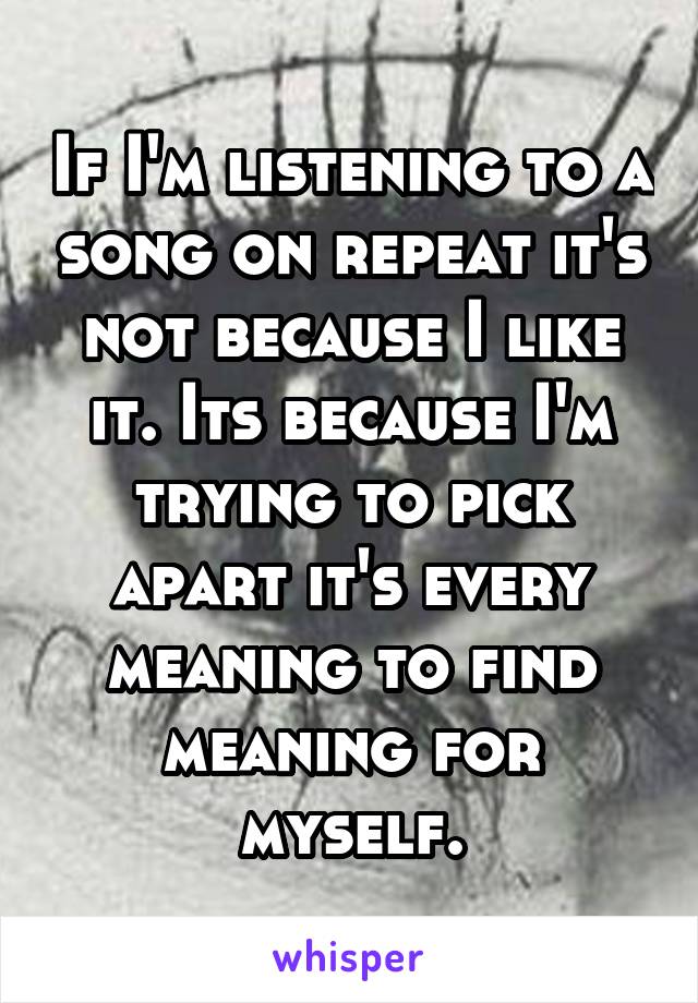 If I'm listening to a song on repeat it's not because I like it. Its because I'm trying to pick apart it's every meaning to find meaning for myself.