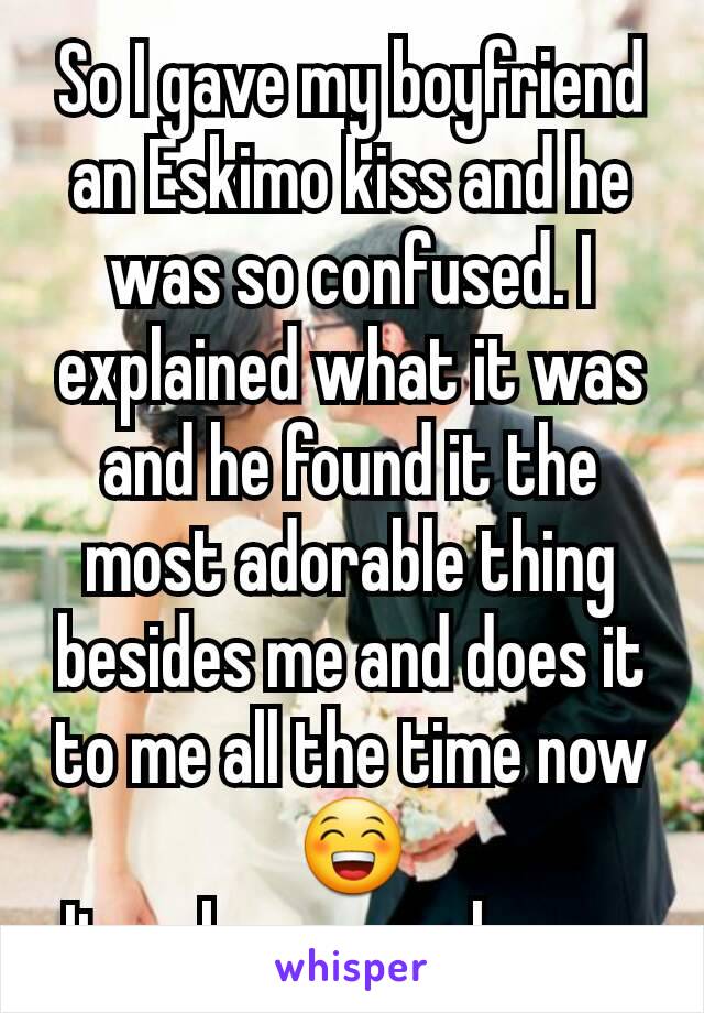 So I gave my boyfriend an Eskimo kiss and he was so confused. I explained what it was and he found it the most adorable thing besides me and does it to me all the time now 😁
It makes me so happy 