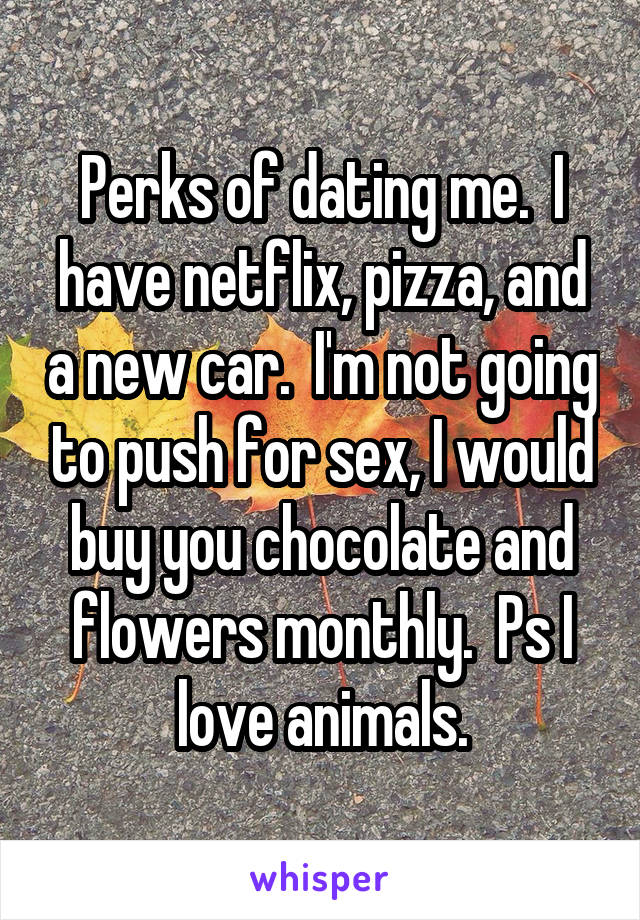 Perks of dating me.  I have netflix, pizza, and a new car.  I'm not going to push for sex, I would buy you chocolate and flowers monthly.  Ps I love animals.