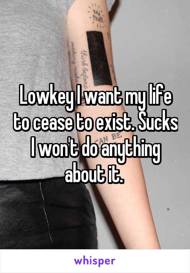 Lowkey I want my life to cease to exist. Sucks I won't do anything about it. 