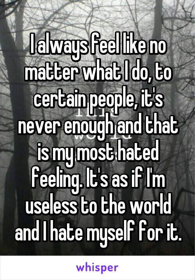 I always feel like no matter what I do, to certain people, it's never enough and that is my most hated feeling. It's as if I'm useless to the world and I hate myself for it.