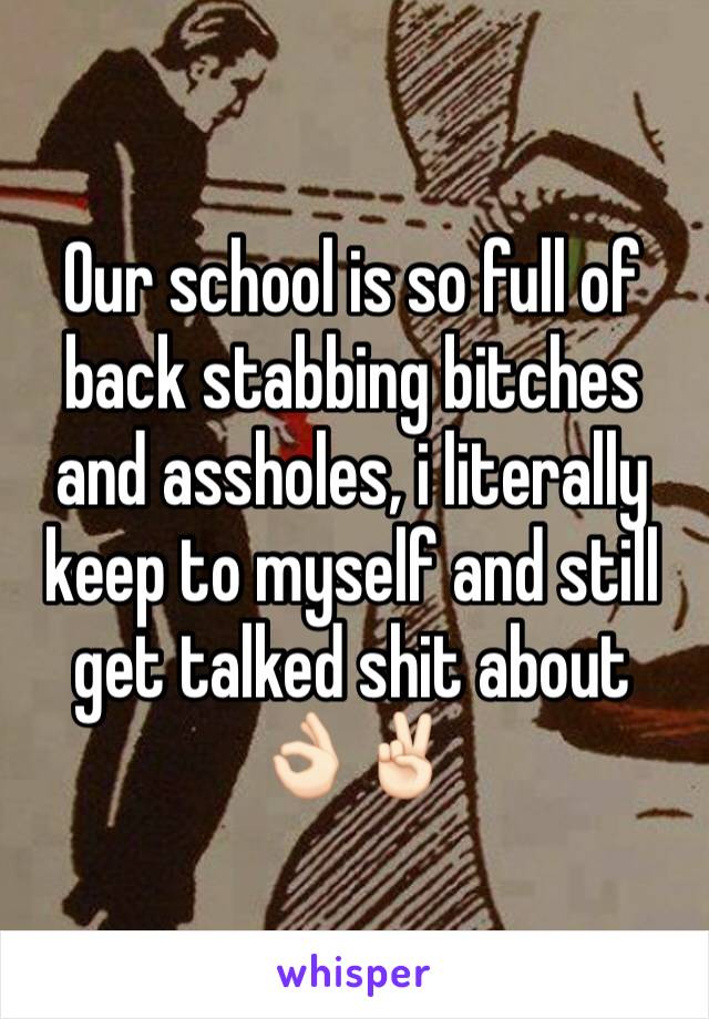 Our school is so full of back stabbing bitches and assholes, i literally keep to myself and still get talked shit about 👌🏻✌🏻️