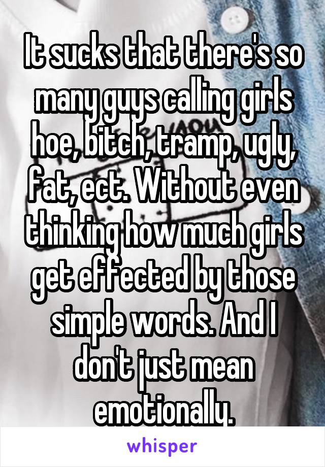 It sucks that there's so many guys calling girls hoe, bitch, tramp, ugly, fat, ect. Without even thinking how much girls get effected by those simple words. And I don't just mean emotionally.