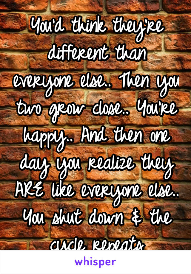 You'd think they're different than everyone else.. Then you two grow close.. You're happy.. And then one day you realize they ARE like everyone else.. You shut down & the cycle repeats