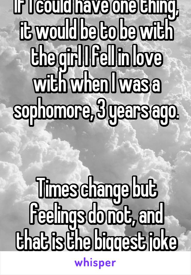 If I could have one thing, it would be to be with the girl I fell in love with when I was a sophomore, 3 years ago. 

Times change but feelings do not, and that is the biggest joke life will play. 