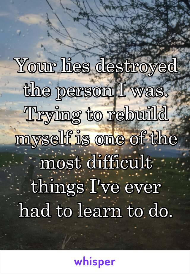 Your lies destroyed the person I was. Trying to rebuild myself is one of the most difficult things I've ever had to learn to do.