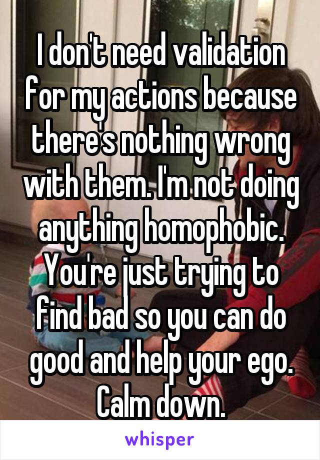 I don't need validation for my actions because there's nothing wrong with them. I'm not doing anything homophobic. You're just trying to find bad so you can do good and help your ego. Calm down.