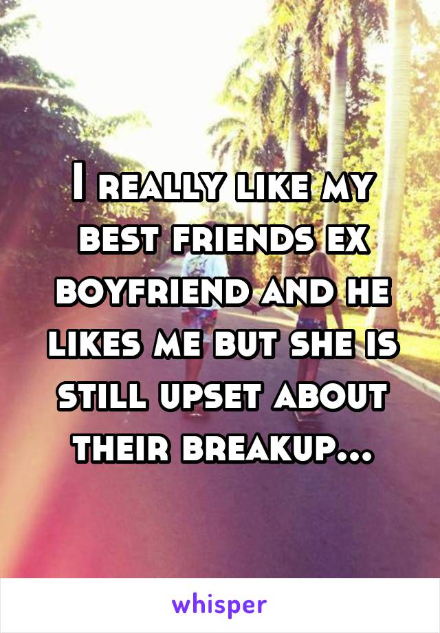 I really like my best friends ex boyfriend and he likes me but she is still upset about their breakup...