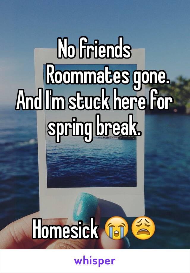 No friends 
       Roommates gone.
And I'm stuck here for spring break. 



Homesick 😭😩