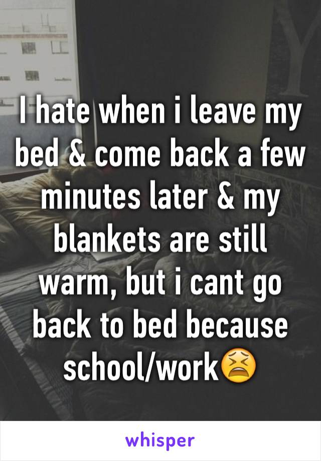 I hate when i leave my bed & come back a few minutes later & my blankets are still warm, but i cant go back to bed because school/work😫