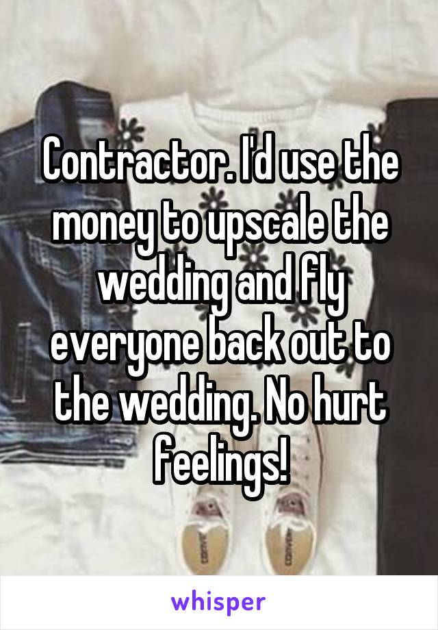 Contractor. I'd use the money to upscale the wedding and fly everyone back out to the wedding. No hurt feelings!