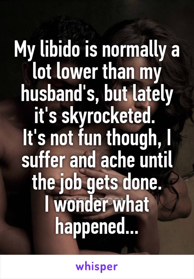 My libido is normally a lot lower than my husband's, but lately it's skyrocketed. 
It's not fun though, I suffer and ache until the job gets done.
I wonder what happened...