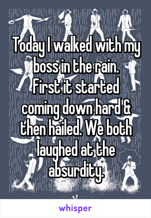 Today I walked with my boss in the rain.
First it started coming down hard & then hailed. We both laughed at the absurdity.