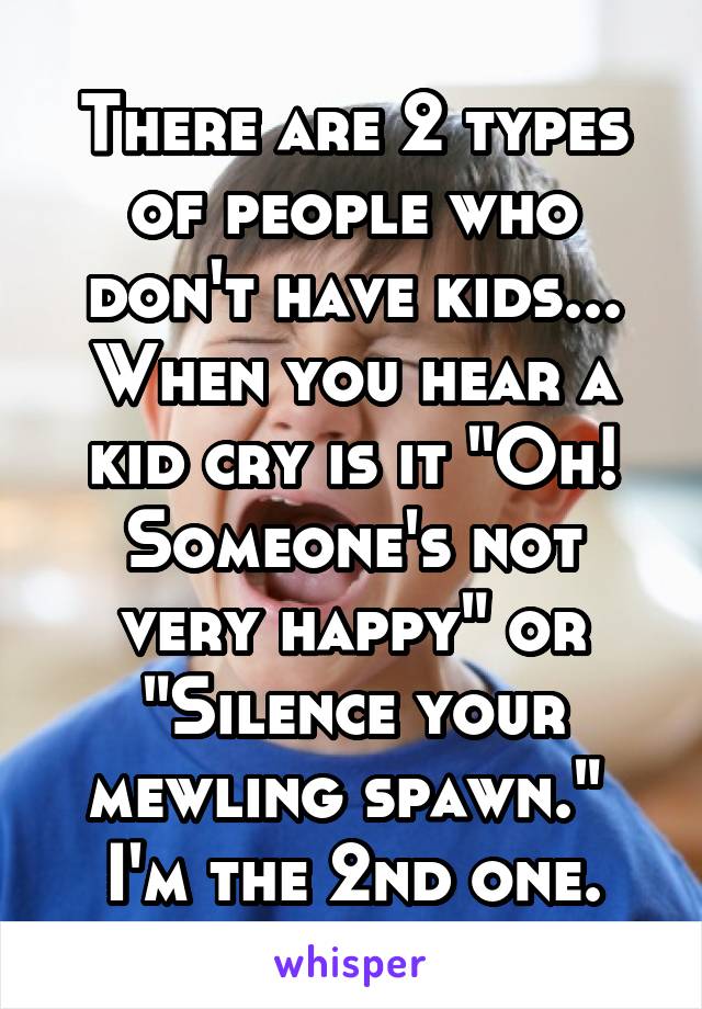 There are 2 types of people who don't have kids...
When you hear a kid cry is it "Oh! Someone's not very happy" or "Silence your mewling spawn." 
I'm the 2nd one.