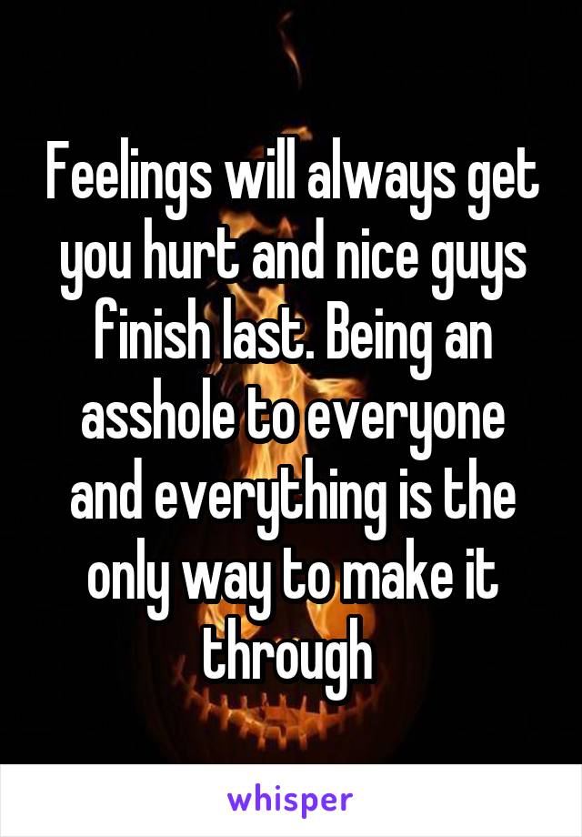 Feelings will always get you hurt and nice guys finish last. Being an asshole to everyone and everything is the only way to make it through 