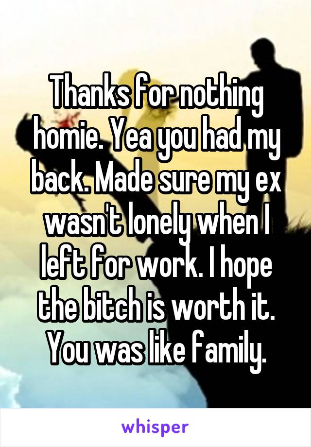 Thanks for nothing homie. Yea you had my back. Made sure my ex wasn't lonely when I left for work. I hope the bitch is worth it. You was like family.