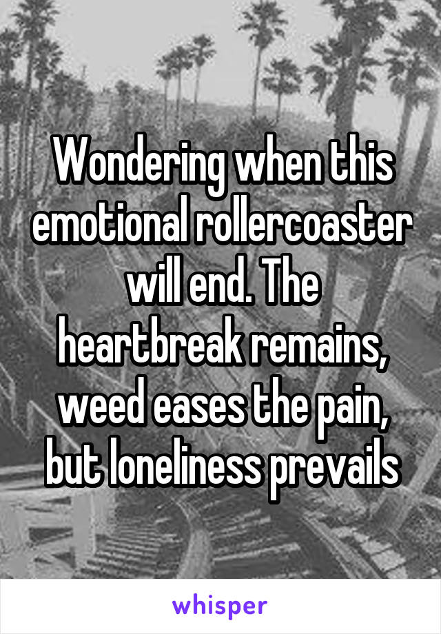 Wondering when this emotional rollercoaster will end. The heartbreak remains, weed eases the pain, but loneliness prevails