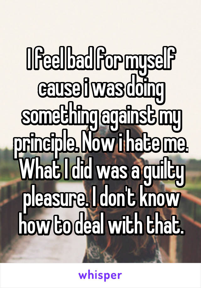 I feel bad for myself cause i was doing something against my principle. Now i hate me. What I did was a guilty pleasure. I don't know how to deal with that.