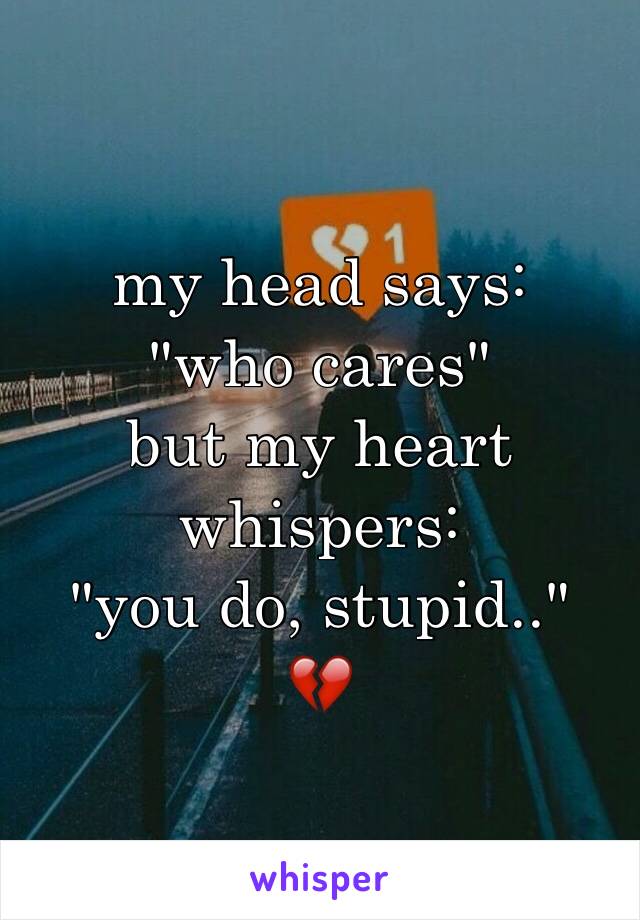 my head says:
"who cares"
but my heart whispers:
"you do, stupid.."
💔