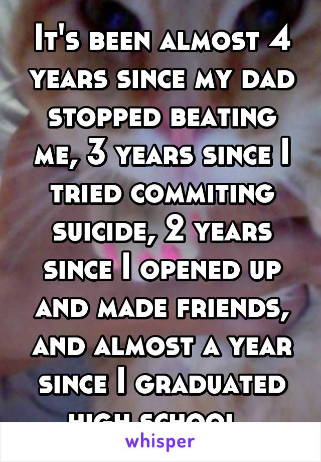 It's been almost 4 years since my dad stopped beating me, 3 years since I tried commiting suicide, 2 years since I opened up and made friends, and almost a year since I graduated high school..