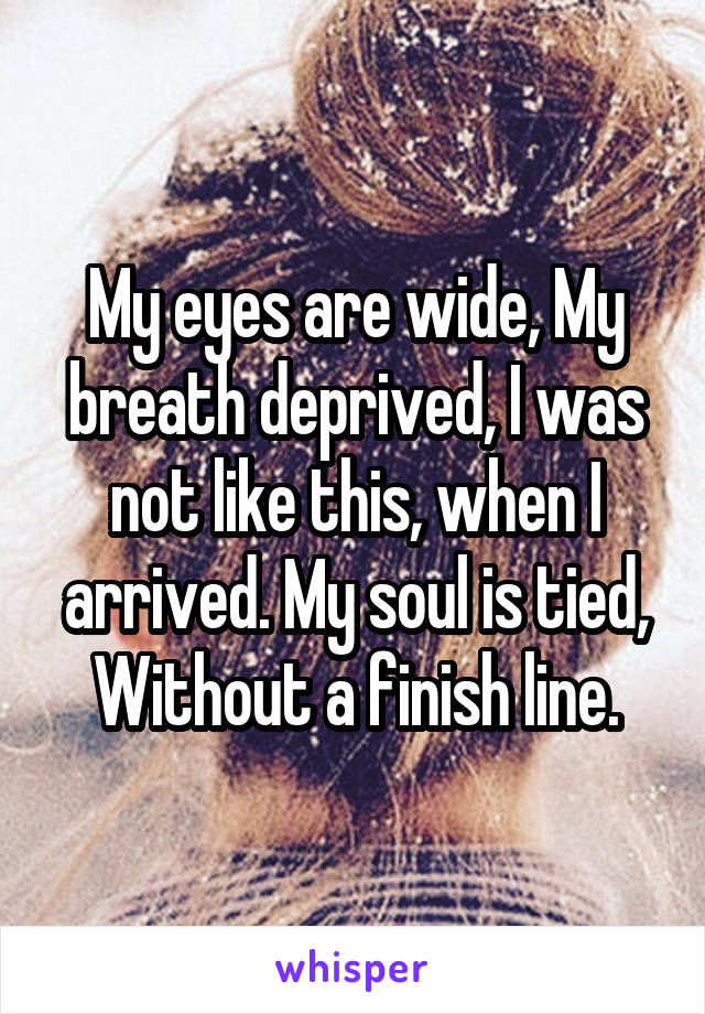 My eyes are wide, My breath deprived, I was not like this, when I arrived. My soul is tied, Without a finish line.