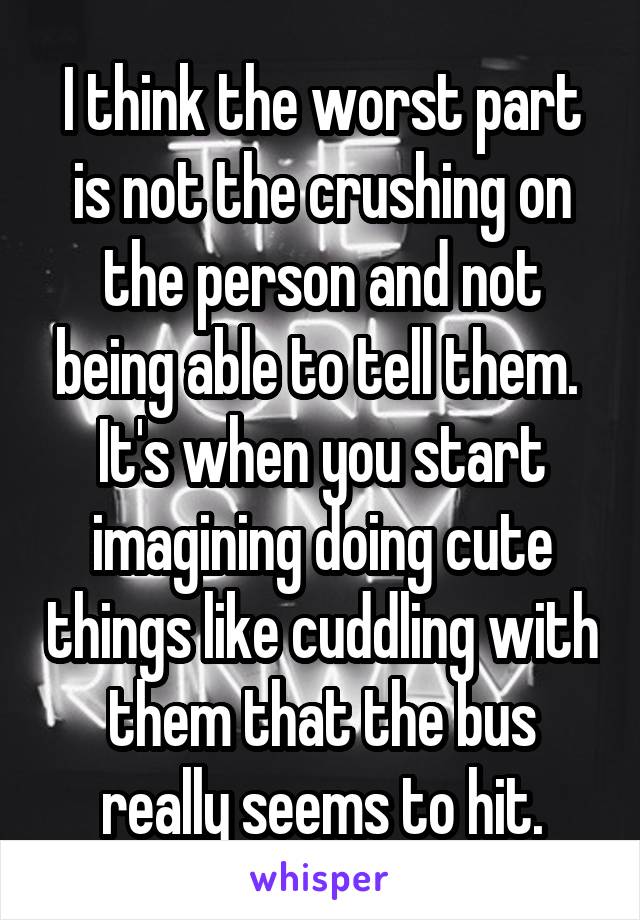 I think the worst part is not the crushing on the person and not being able to tell them. 
It's when you start imagining doing cute things like cuddling with them that the bus really seems to hit.