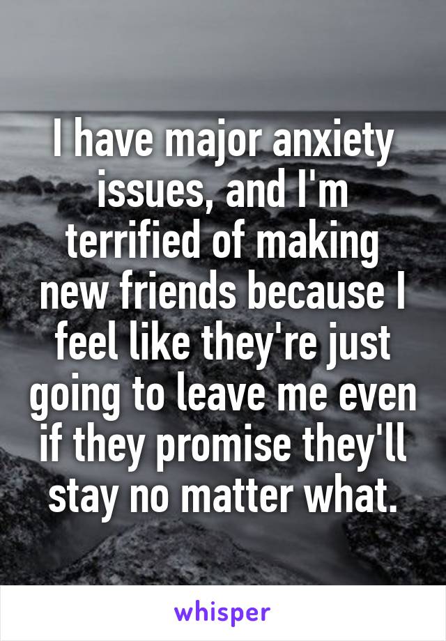 I have major anxiety issues, and I'm terrified of making new friends because I feel like they're just going to leave me even if they promise they'll stay no matter what.